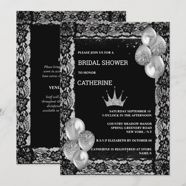 Silver tiara black lace balloons elegant party  invitation (Front/Back)