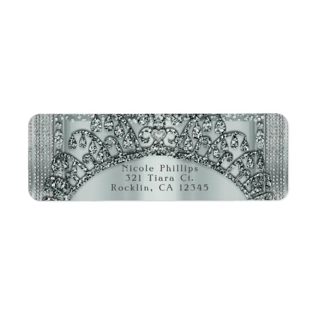 Silver Tiara Crown & Diamond Bling Invitation Label (Front)