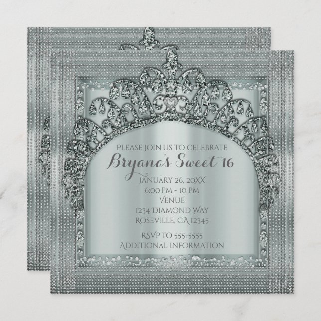 Silver Tiara Crown & Diamond Bling Invitations (Front/Back)