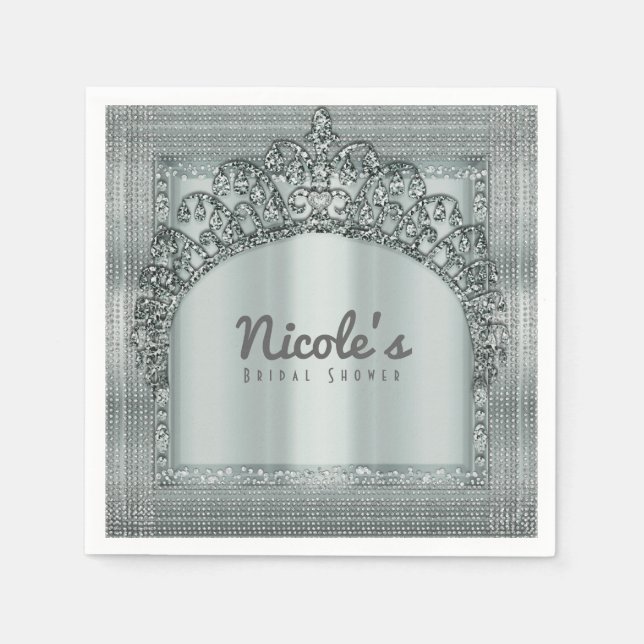 Silver Tiara Crown & Diamond Bling Party Elegant Paper Napkins (Front)