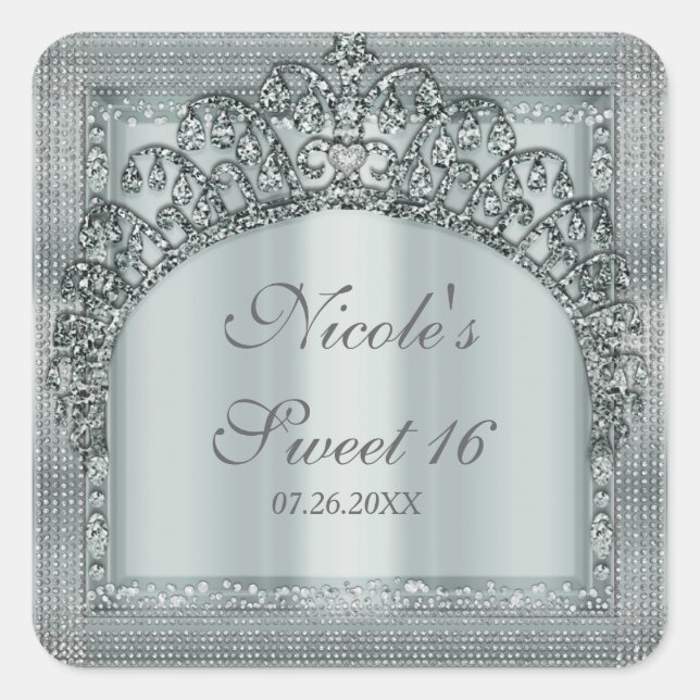 Silver Tiara Crown & Diamond Bling Party Favor Square Sticker (Front)