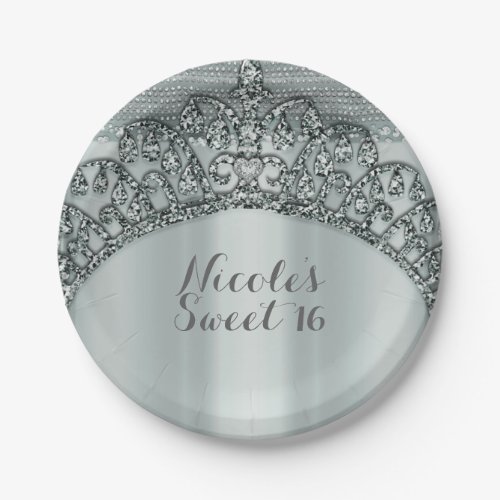 Silver Tiara Crown  Diamond Bling Party Paper Plates