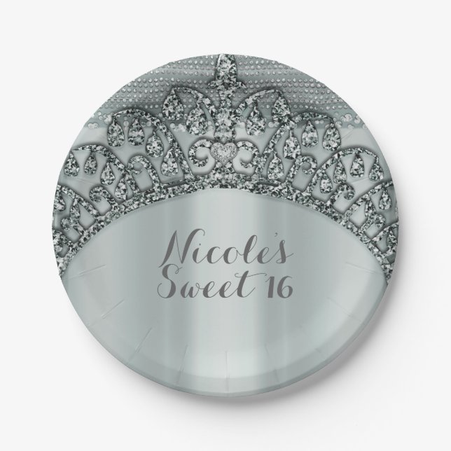 Silver Tiara Crown & Diamond Bling Party Paper Plates (Front)