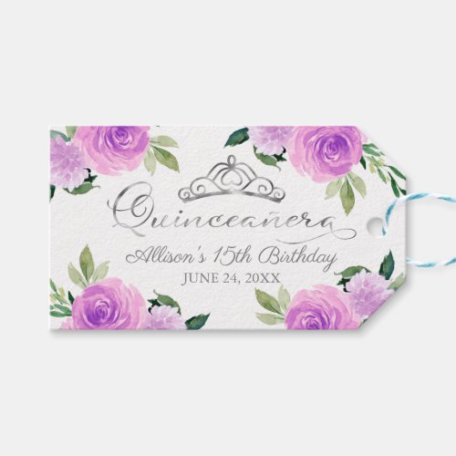 Silver Tiara Light Purple Floral Quinceanera Party Gift Tags
