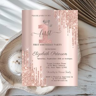 Silver Tiara Rose Gold Drips 1st Birthday Invitation