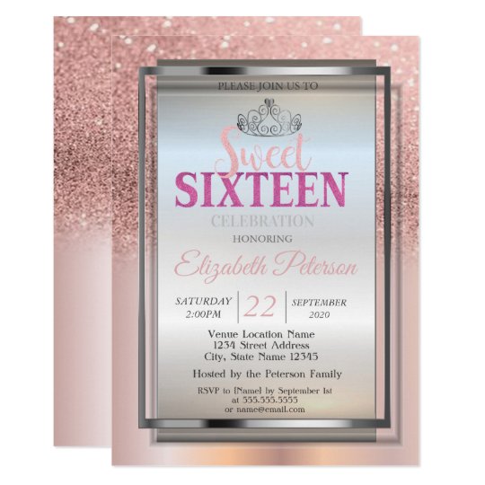 Silver Tiara, Rose Gold Glitter Sweet 16 Party Invitation ...