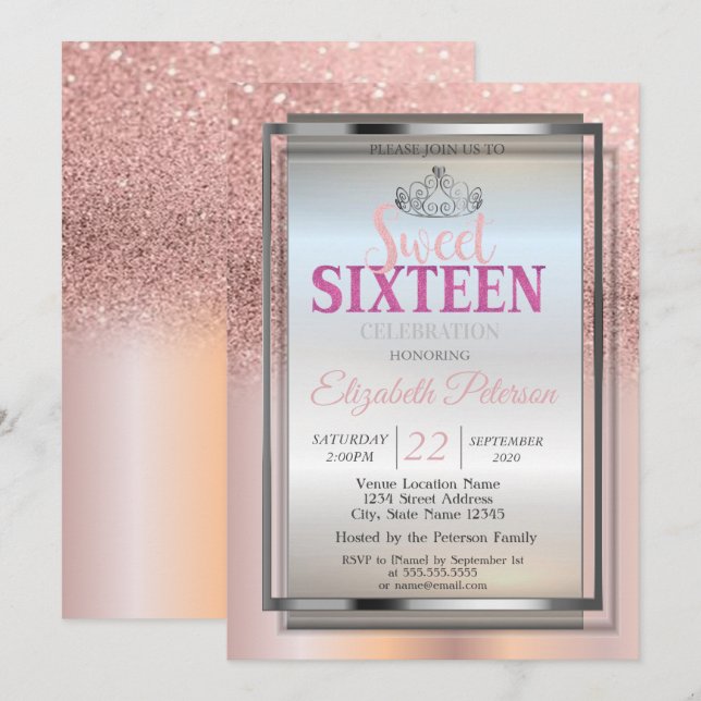 Silver Tiara, Rose Gold Glitter Sweet 16 Party Invitation (Front/Back)