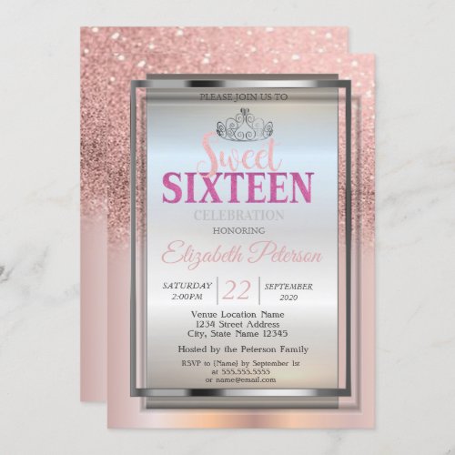 Silver Tiara Rose Gold Glitter Sweet 16 Party Invitation