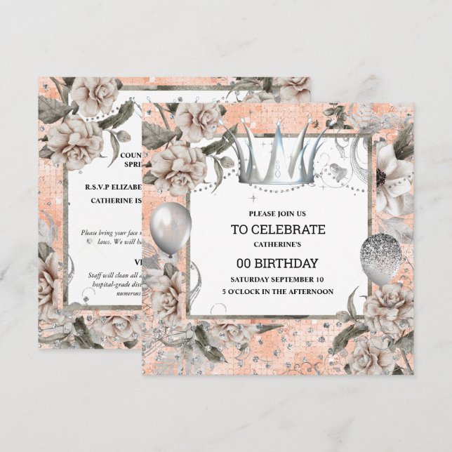 Silver tiara shabby chic floral glitter peach invitation (Front/Back)