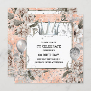 Silver tiara shabby chic floral glitter peach invitation