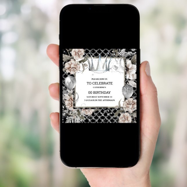 Silver tiara shabby chic floral mermaid scales invitation (Front Digital)