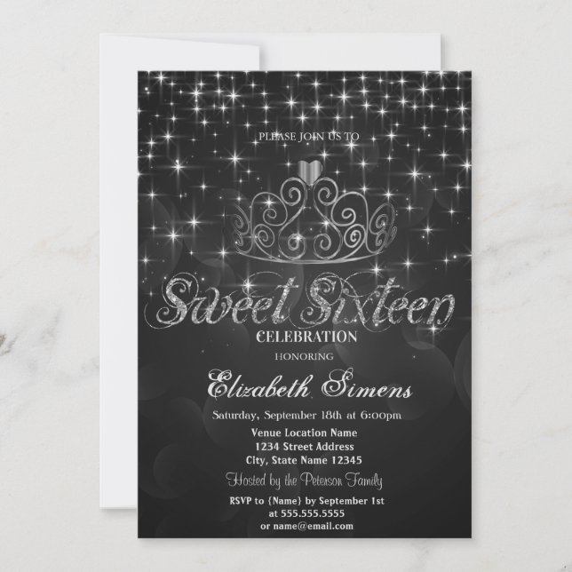 Silver Tiara Stars Princess Black Sweet 16 Invitation (Front)