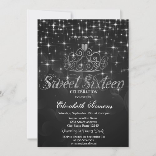 Silver Tiara Stars Princess Black Sweet 16 Invitation