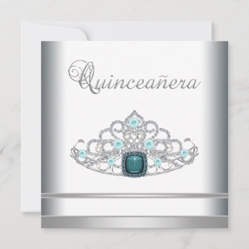 Silver Tiara Teal Blue Quinceanera Announcements