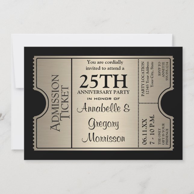Silver Ticket Style 25th Wedding Anniversary Party Invitation (Front)