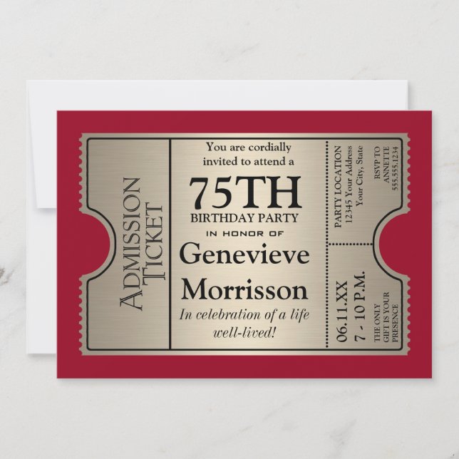 Silver Ticket Style 75th Birthday Party Invite (Front)