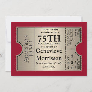 Silver Ticket Style 75th Birthday Party Invite