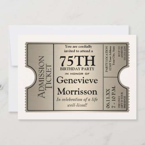 Silver Ticket Style 75th Birthday Party Invite