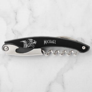 Silver Tiger Head on Black Waiter's Corkscrew