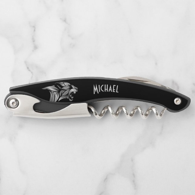 Silver Tiger Head on Black Waiter's Corkscrew (Front)