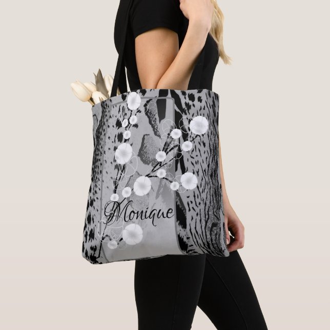 Silver Tiger Print Floral Personalized  Tote Bag (Close Up)