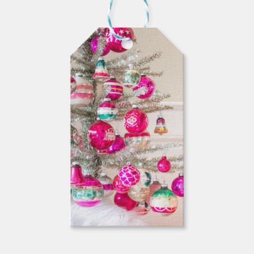 Silver Tinsel Tree with Vintage Christmas Ornament Gift Tags