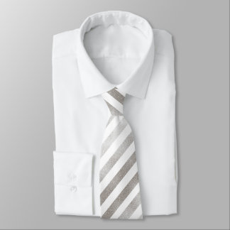 Silver Tone and White Striped Pattern Neck Tie