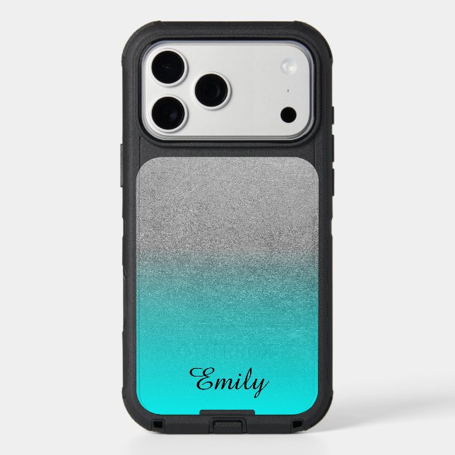Silver Tone Aqua Ombre Personalized Otterbox iPhone Case (Back)