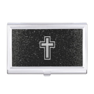 Silver Tone Christian Cross on Black Sparkle Business Card Holder