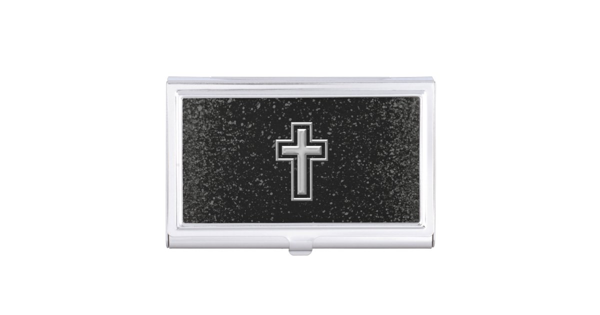Silver Tone Christian Cross on Black Sparkle Business Card Holder
