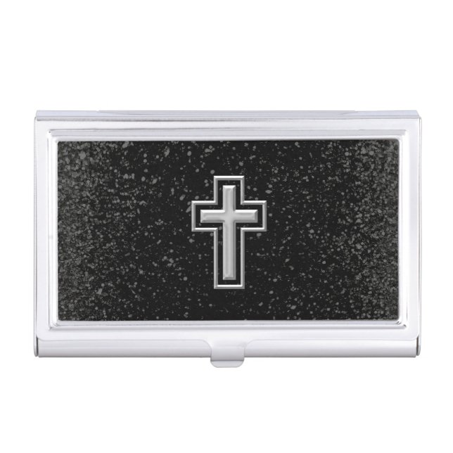 Silver Tone Christian Cross on Black Sparkle Business Card Holder (Front)