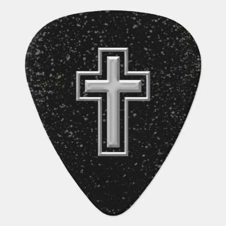Silver Tone Christian Cross On Black Sparkle Guitar Pick