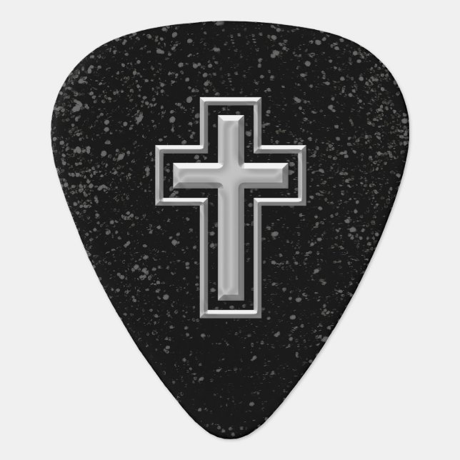 Silver Tone Christian Cross on Black Sparkle Guitar Pick (Front)