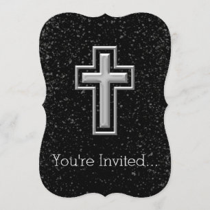 Silver Tone Christian Cross on Black Sparkle Invitation