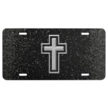 Silver Tone Christian Cross on Black Sparkle License Plate