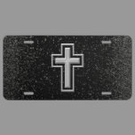 Silver Tone Christian Cross on Black Sparkle License Plate