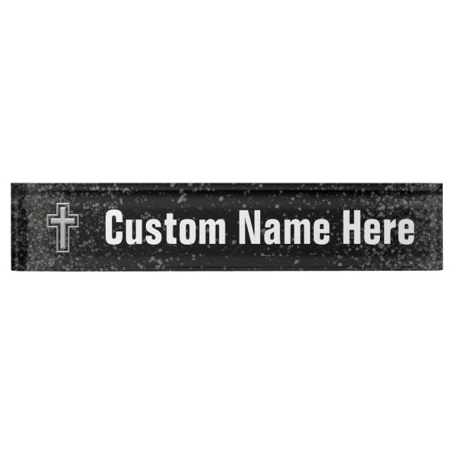 Silver Tone Christian Cross on Black Sparkle Name Plate (Front)