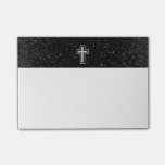 Silver Tone Christian Cross on Black Sparkle Post-it Notes