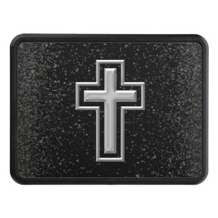 Silver Tone Christian Cross on Black Sparkle Trailer Hitch Cover