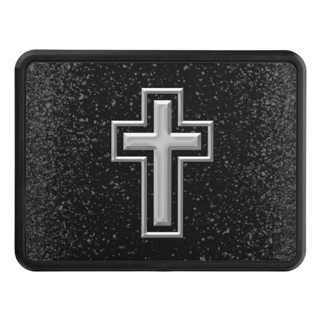 Silver Tone Christian Cross on Black Sparkle Trailer Hitch Cover (Front)