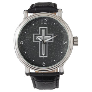 Silver Tone Christian Cross on Black Sparkle Watch