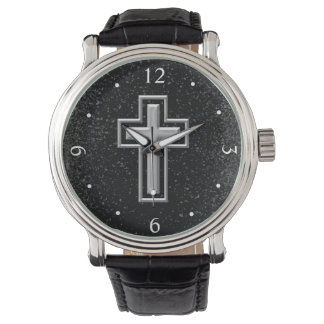 Silver Tone Christian Cross on Black Sparkle Watch