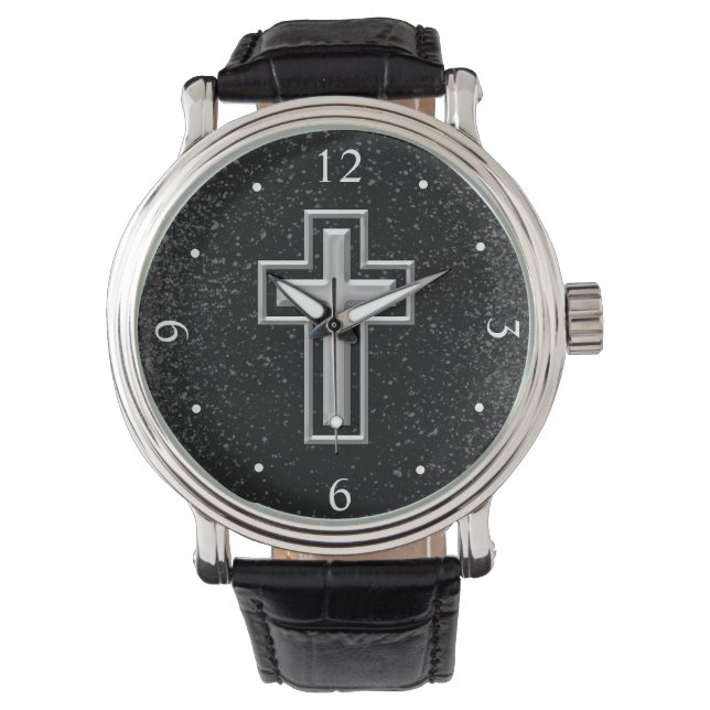 Silver Tone Christian Cross on Black Sparkle Watch (Front)
