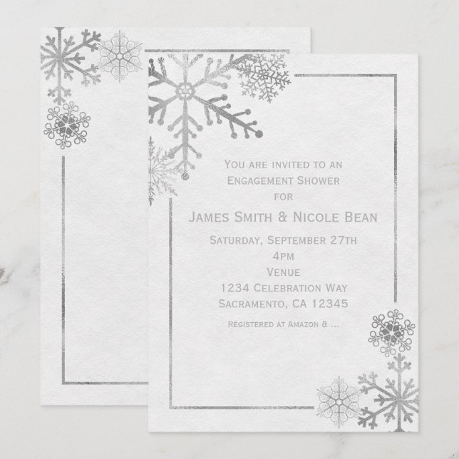 Silver Tone Snowflakes Holiday Winter Invitation (Front/Back)