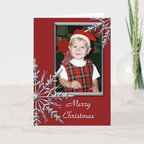 Silver Tone Snowflakes on Red Christmas Photo Holiday Card