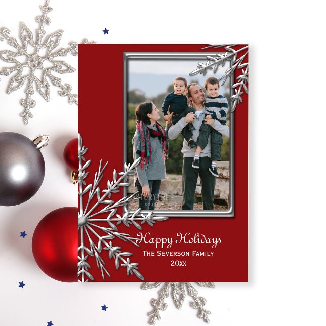 Silver Tone Snowflakes on Red Happy Holidays Photo Holiday Card (Creator Uploaded)