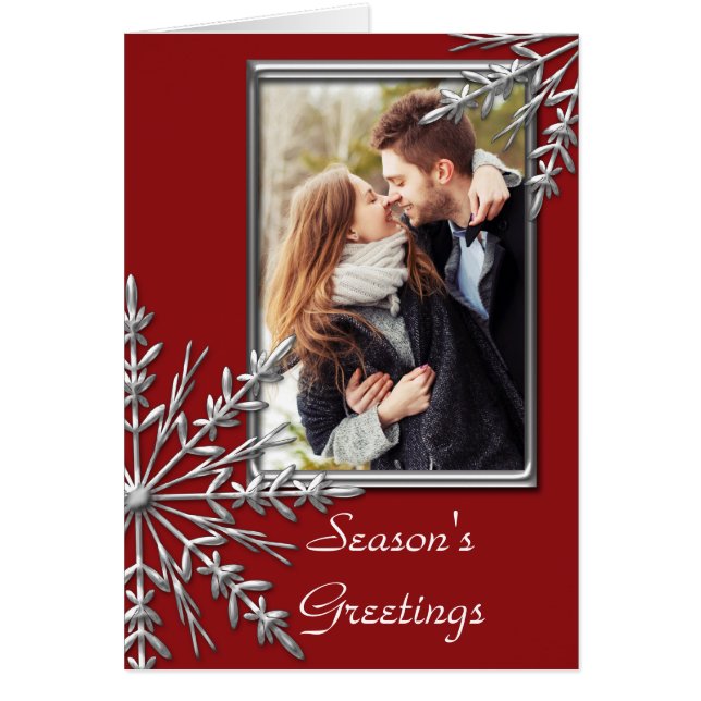 Silver Tone Snowflakes on Red Season's Greetings (Front)