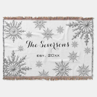 Silver Tone Winter Snowflakes on White Throw Blanket