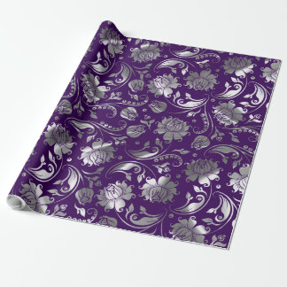Silver Tones Floral Pattern Purple Background Wrapping Paper