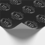 Silver Traditional wedding anniversary 16 years Wrapping Paper<br><div class="desc">A design to celebrate 16 years of marriage. This design has a grey / silver (the traditional color) colored laurel design on a black background. Silverware is the traditional gift for this occasion. The text reads Silver 16 years anniversary. A romantic design to celebrate your 16th year of marriage. If...</div>